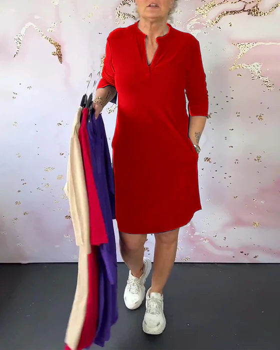 JANETH™ | Einfarbiges Kleid mit V-Ausschnitt