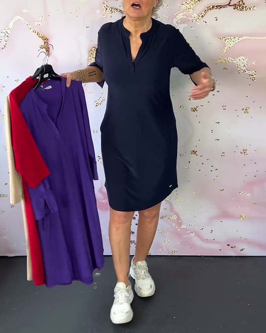 JANETH™ | Einfarbiges Kleid mit V-Ausschnitt