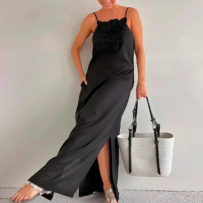 Idalia™ | Langes Kleid mit Schlitz und Taschen aus Leinenmischung und Blumendekoration